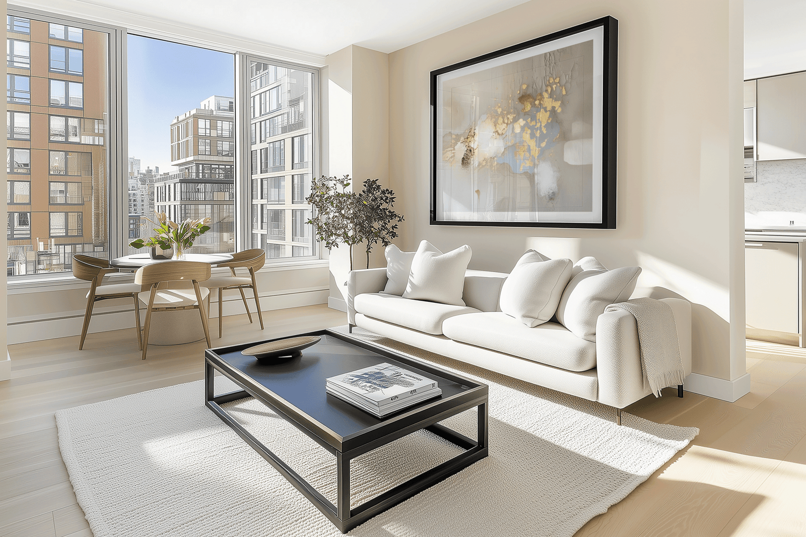 Framed neutral abstract wall art with gold and beige tones displayed above a white couch in a modern living room in an apartment or condo and large windows.