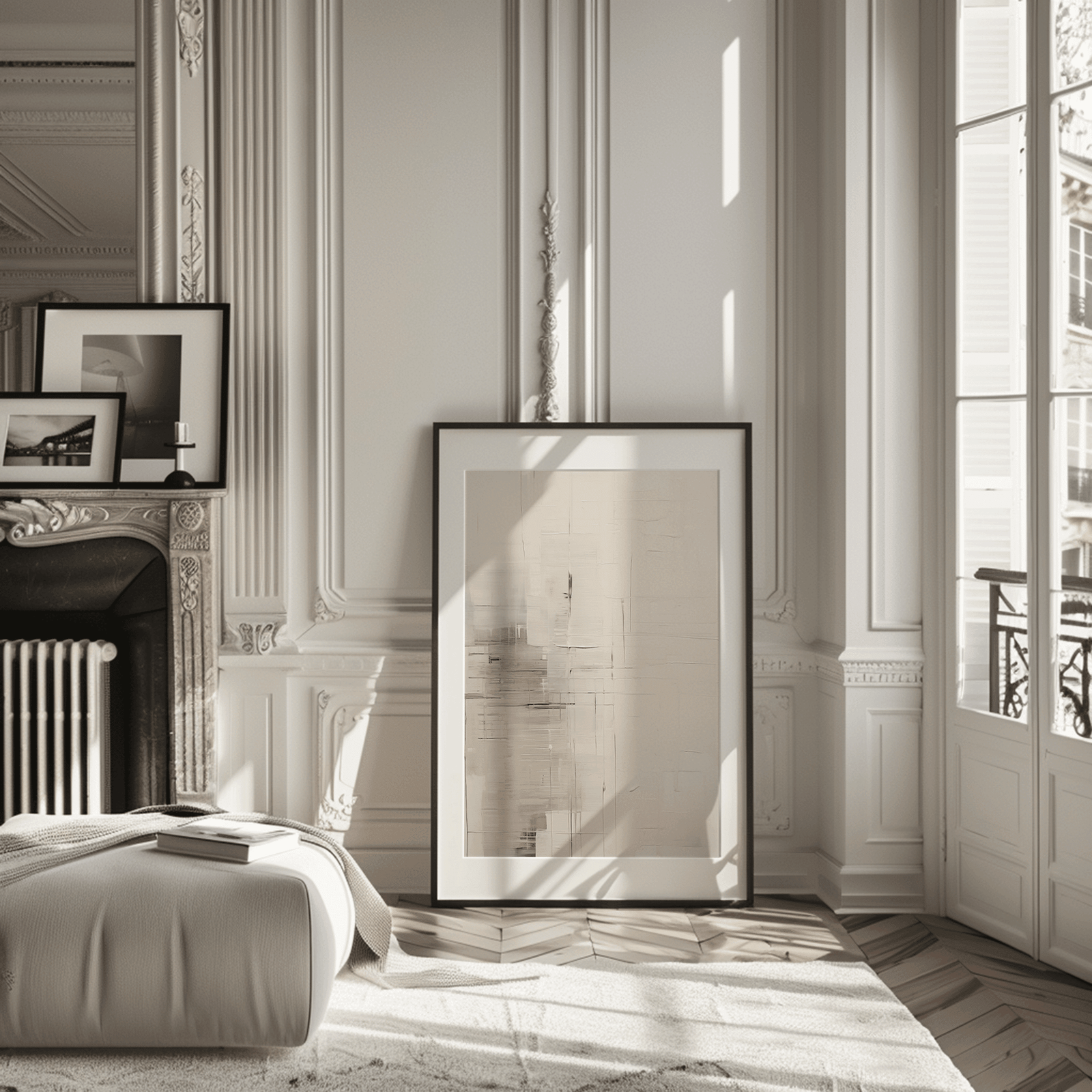 Neutral abstract wall art framed print with creams and brown tones and faux texture leaning on floor in elegant Parisian-style living room