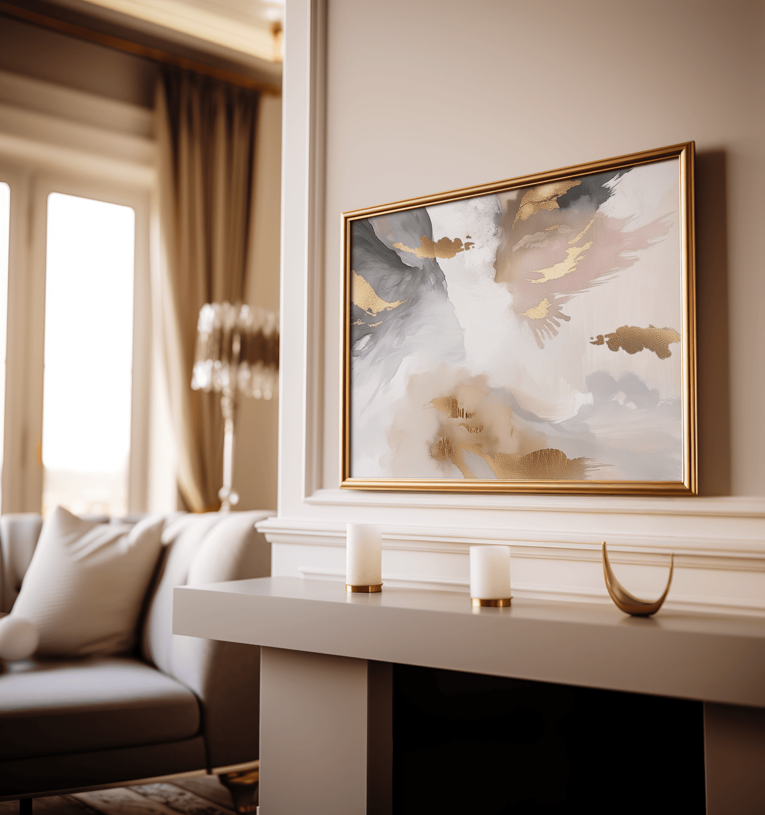 Large canvas wall art print with blush pink tones, gold accents, white and beige and dark grey colors framed above a living room fireplace.