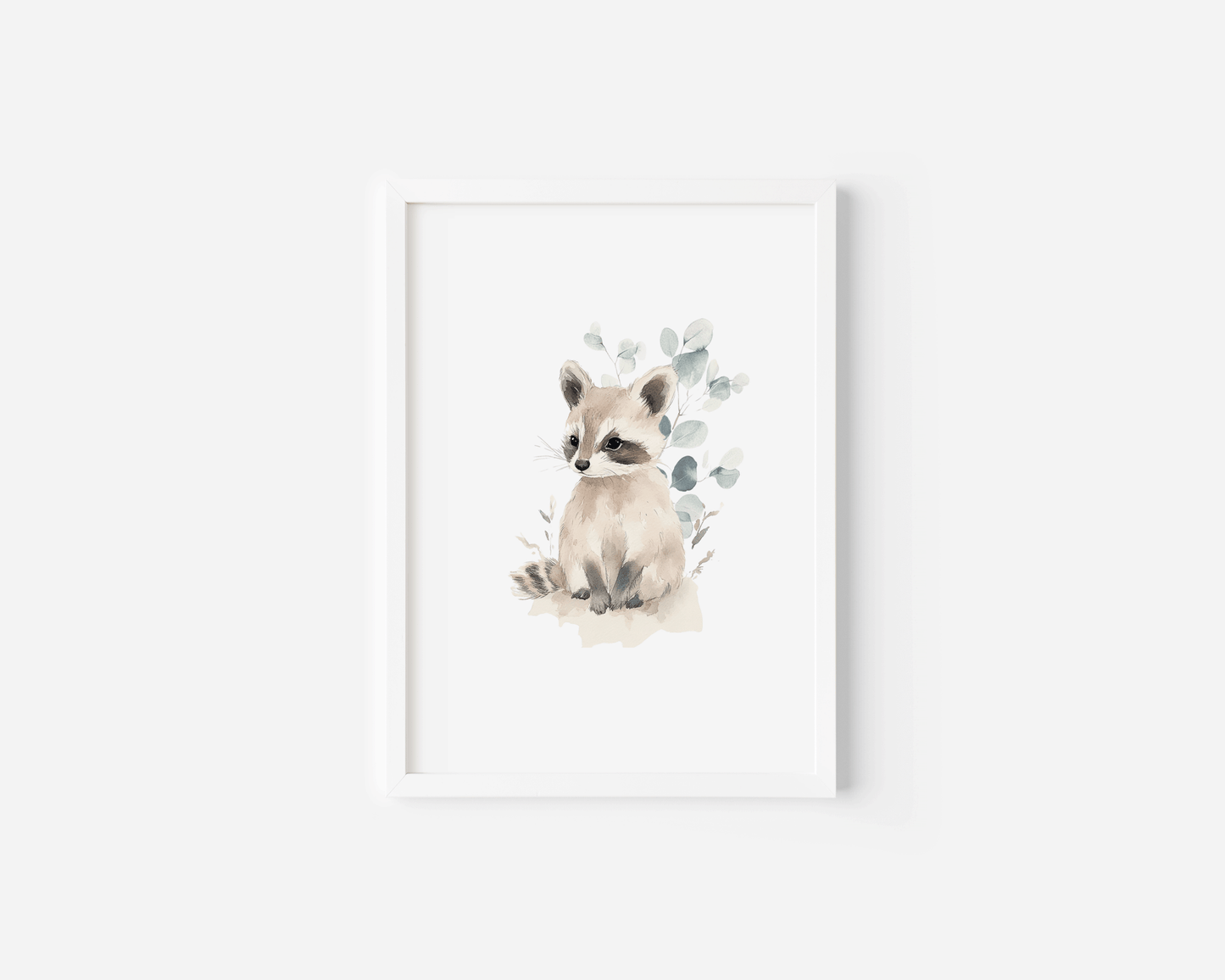 White-framed raccoon nursery art print with eucalyptus foliage, minimalist neutral background for modern baby room
