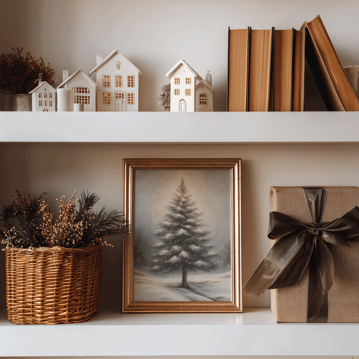 Snowy pine tree print in a gold frame on a white shelf with ceramic houses, a wicker basket, books and a wrapped gift