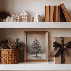 Snowy pine tree print in a gold frame on a white shelf with ceramic houses, a wicker basket, books and a wrapped gift
