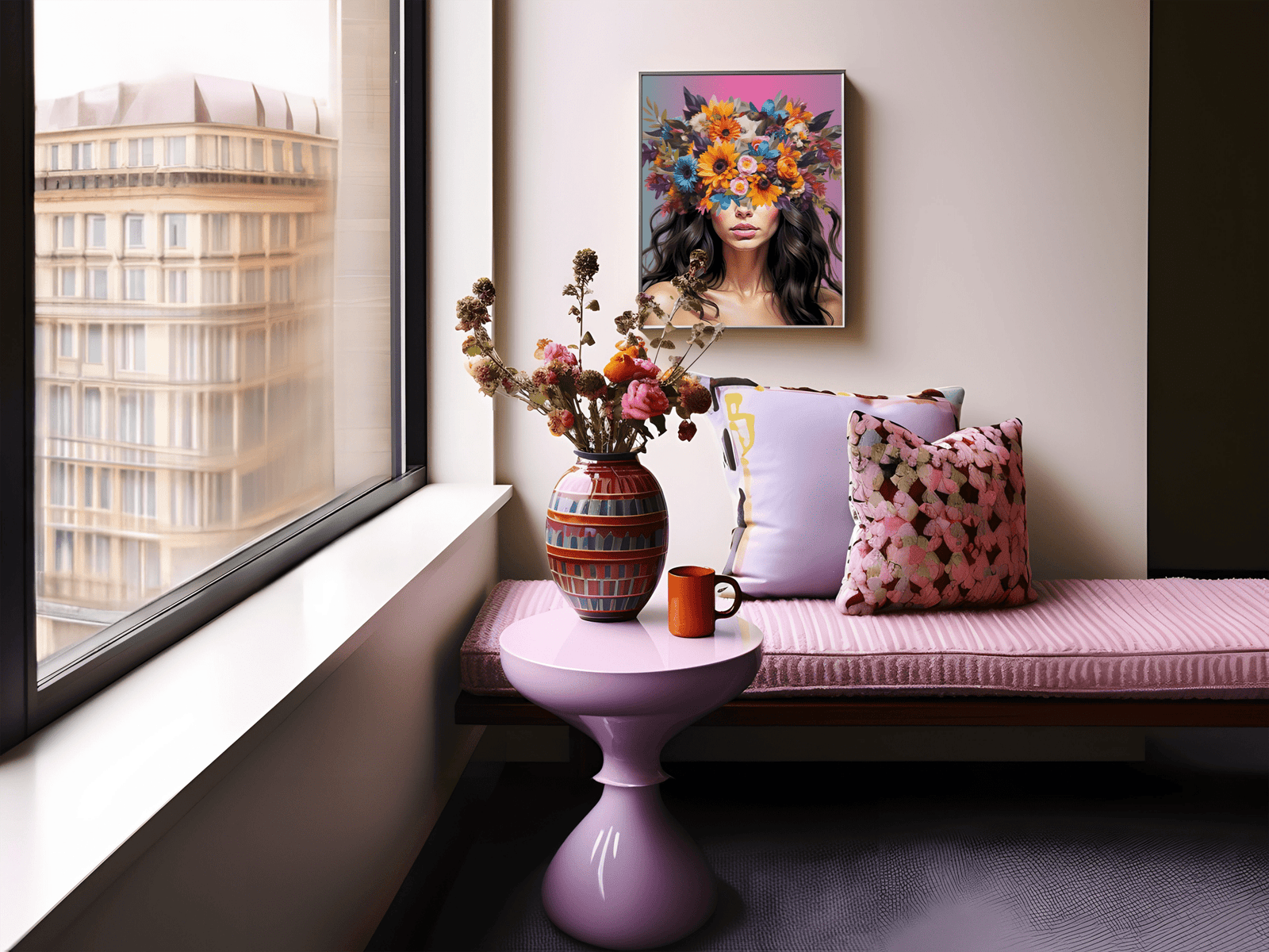 Framed vibrant flower crown canvas wall art print featuring modern feminine portrait of a woman and vivid blossoms on her head in a pink and purple dining area and a contemporary vase with flowers.