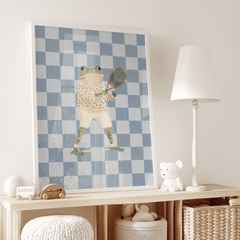 Vintage preppy frog nursery print on a cream and muted blue checkerboard background