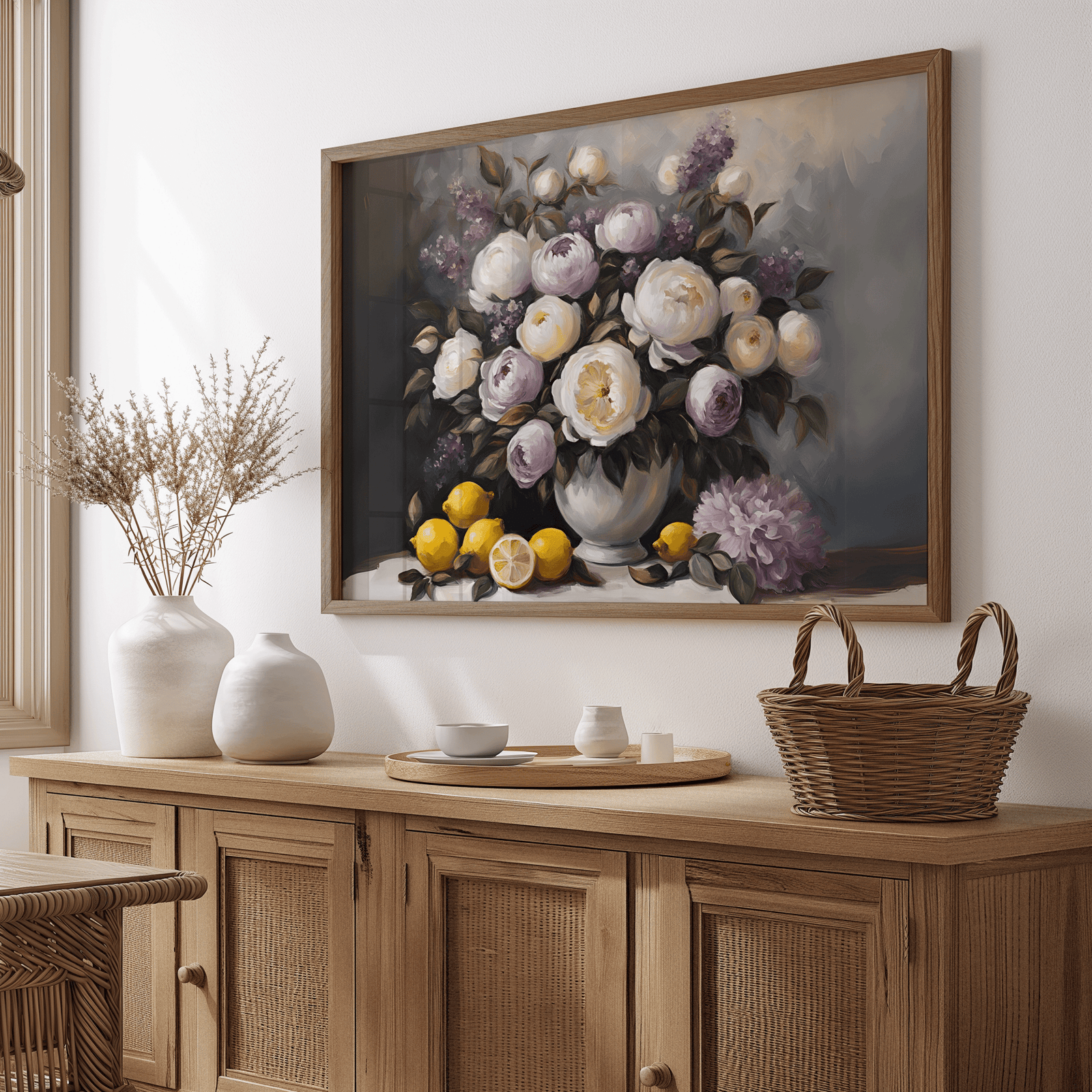 Vintage peony floral still life wall art with brown wooden frame and lemons styled above a side console table in a dining room 