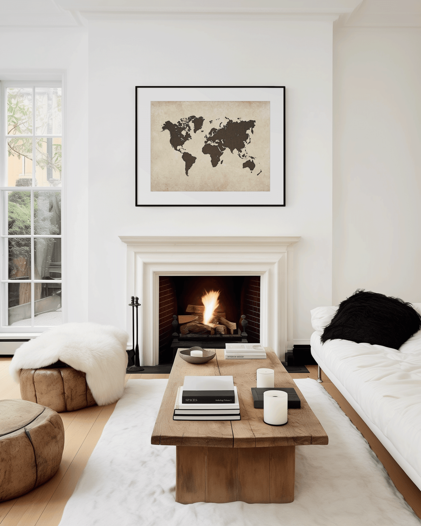 Framed world map wall art over a white fireplace in a modern, neutral living room with wood accents