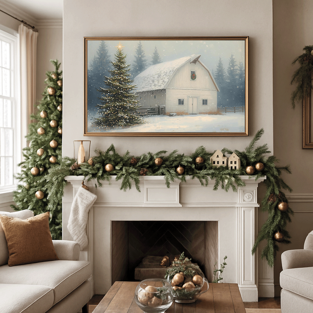 Framed vintage Christmas barn wall art hanging above a fireplace, featuring a snowy white farmhouse, lit evergreen tree, and classic holiday garland decor in a cozy neutral living room.
