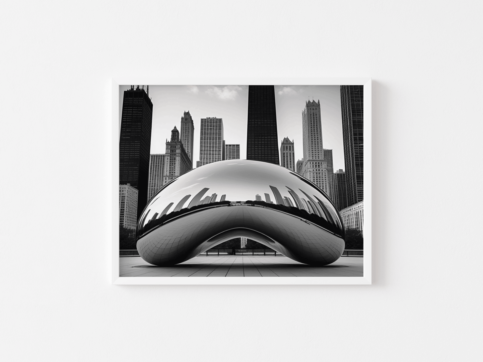 Black and white photo of a modern architectural structure with city skyline in the background with a white frame on a white wall background