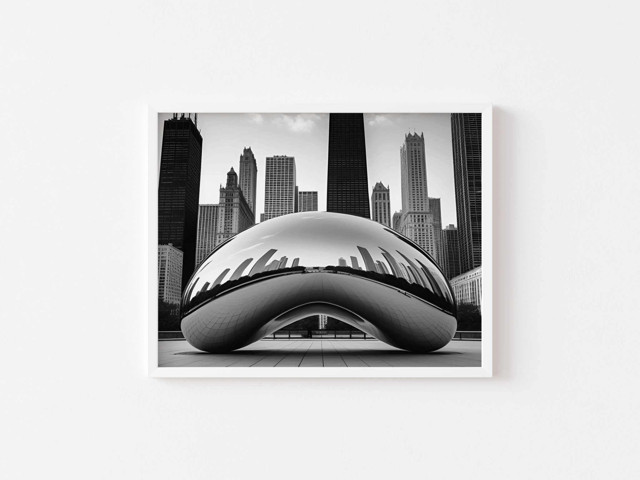 Black and white photo of a modern architectural structure with city skyline in the background with a white frame on a white wall background