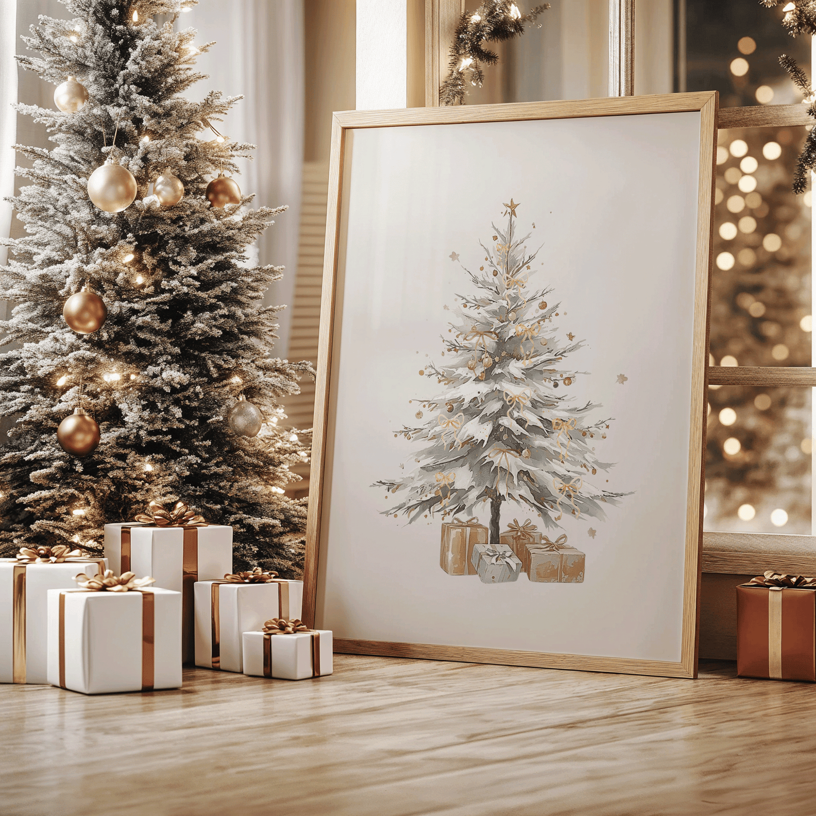Framed watercolor style Christmas tree canvas wall art in white and gold with wrapped gifts beneath, minimalist holiday decor accent