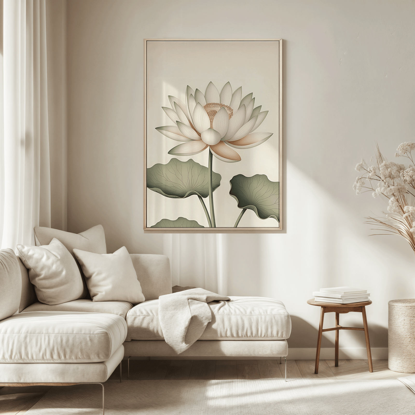 Large white lotus botanical print hanging above a beige sofa in a cozy, light-filled living room with natural textures