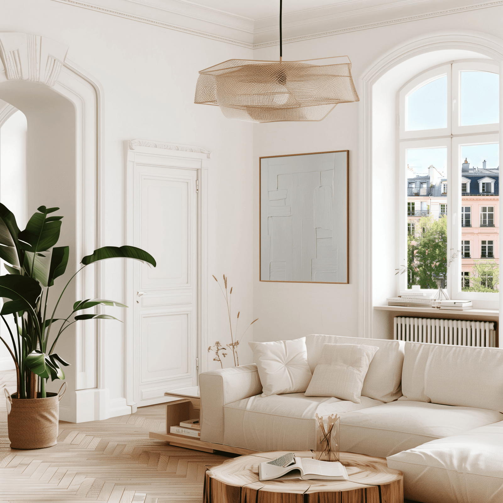 Modern living room with white sofa, wooden coffee table, large window and a large white on white minimalist faux textured wall art print with a wooden frame.