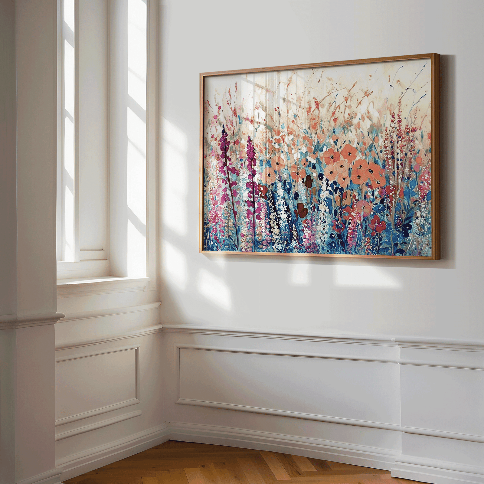 Wildflower meadow impressionist wall art with layered brushstrokes and soft neutrals framed on a white wall in a hallway next to a large window.