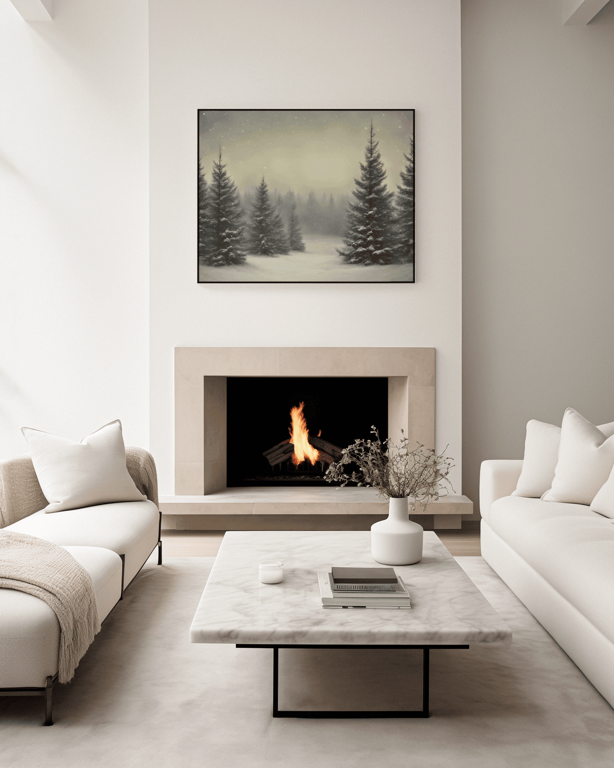 Framed pine tree forest print above a stone fireplace in a neutral living room with white couches