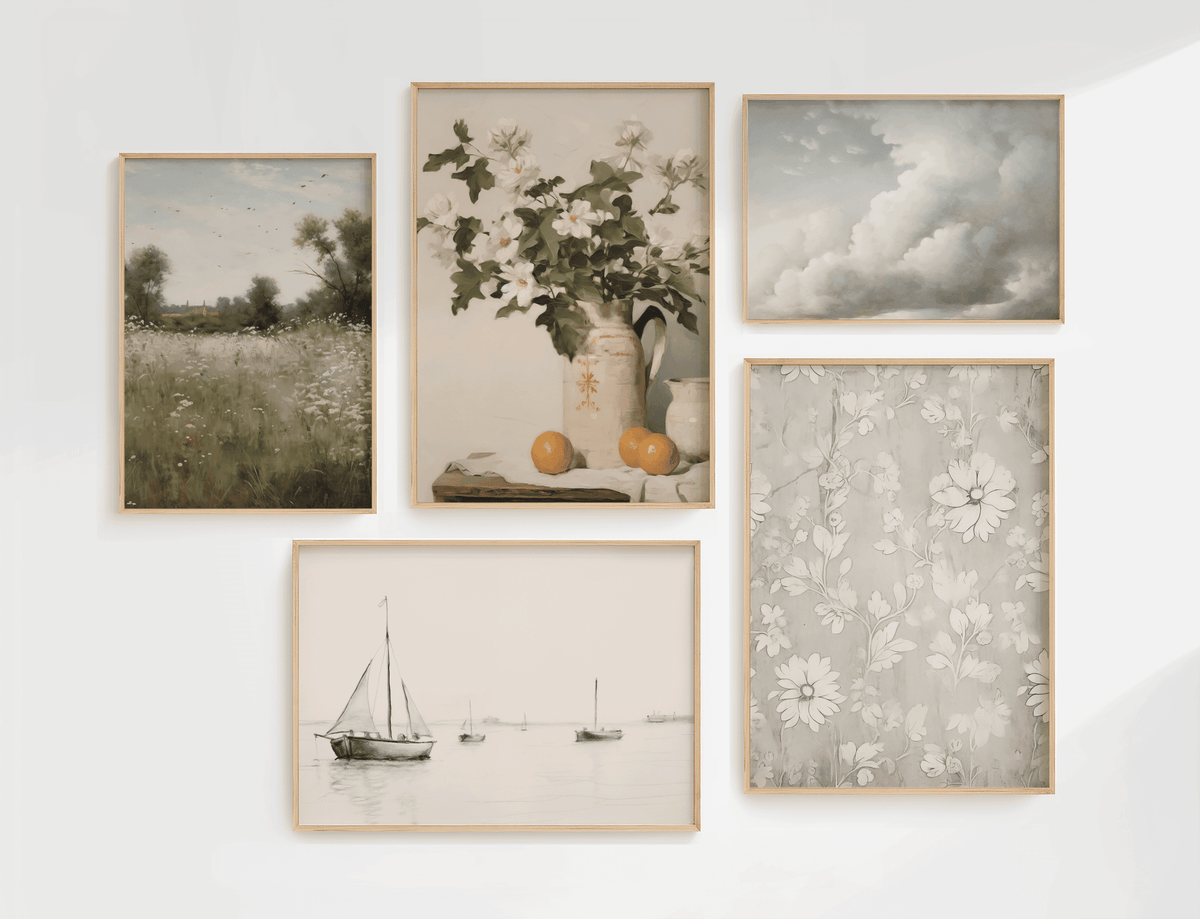 French country gallery wall with a set of 5 large canvas wall art prints framed including floral still life and neutral vintage art