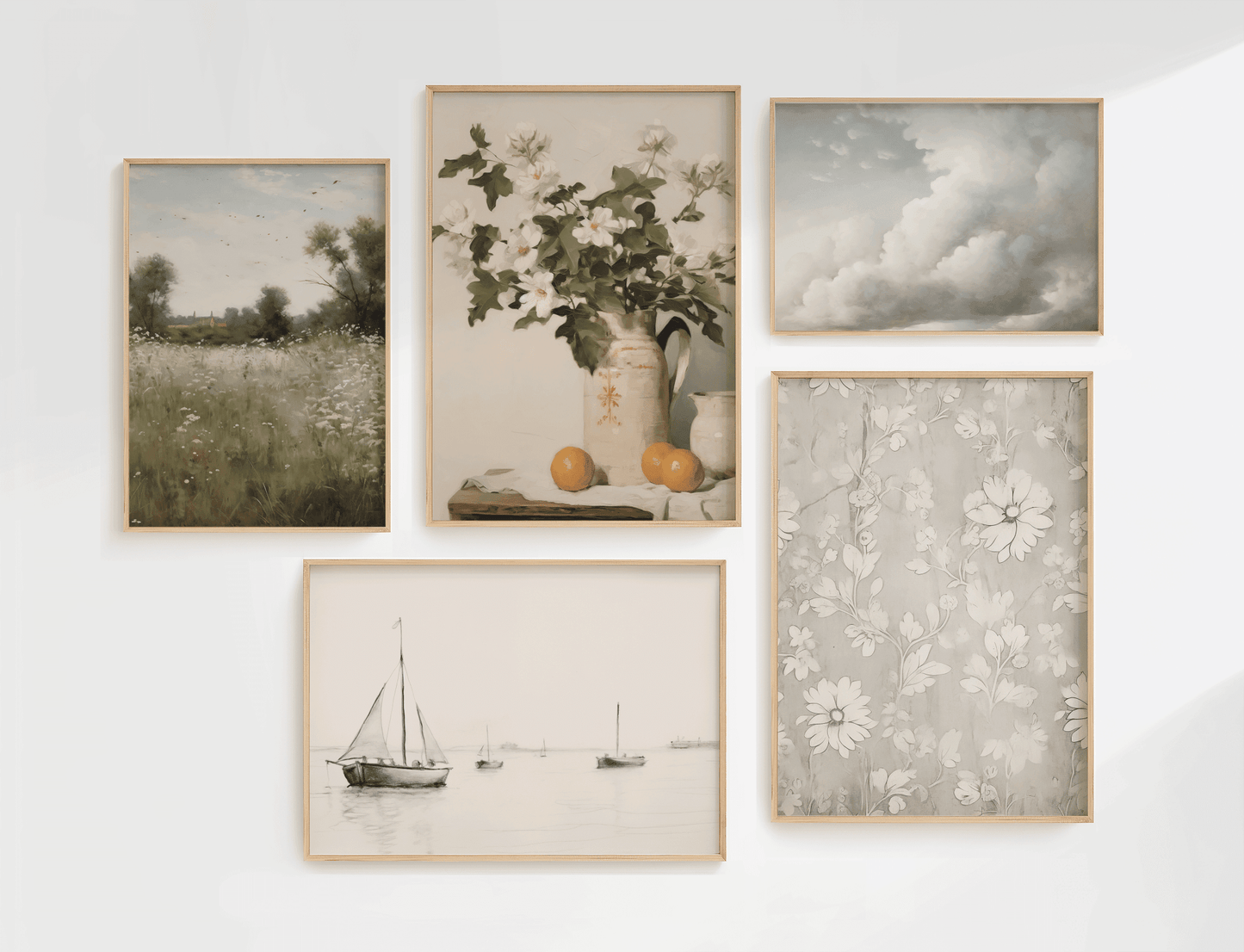 French country gallery wall with a set of 5 large canvas wall art prints framed including floral still life and neutral vintage art