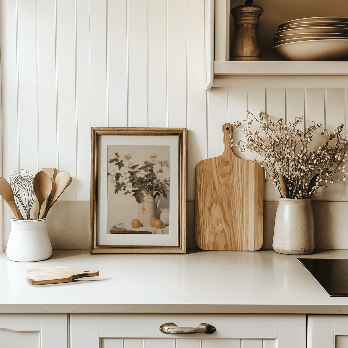 French country kitchen wall art featuring large floral still life brown-framed canvas print styled on countertop