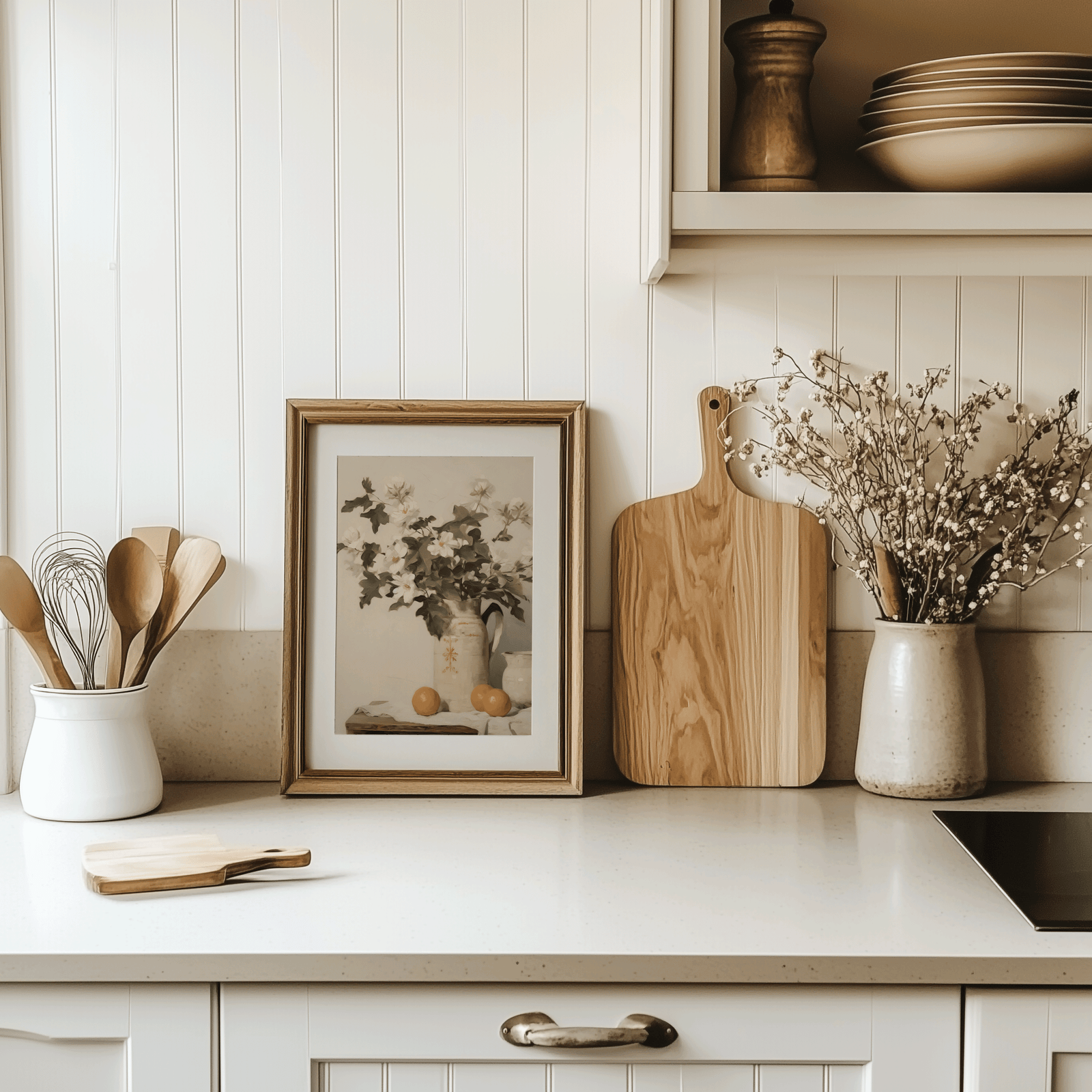 French country kitchen wall art featuring large floral still life brown-framed canvas print styled on countertop