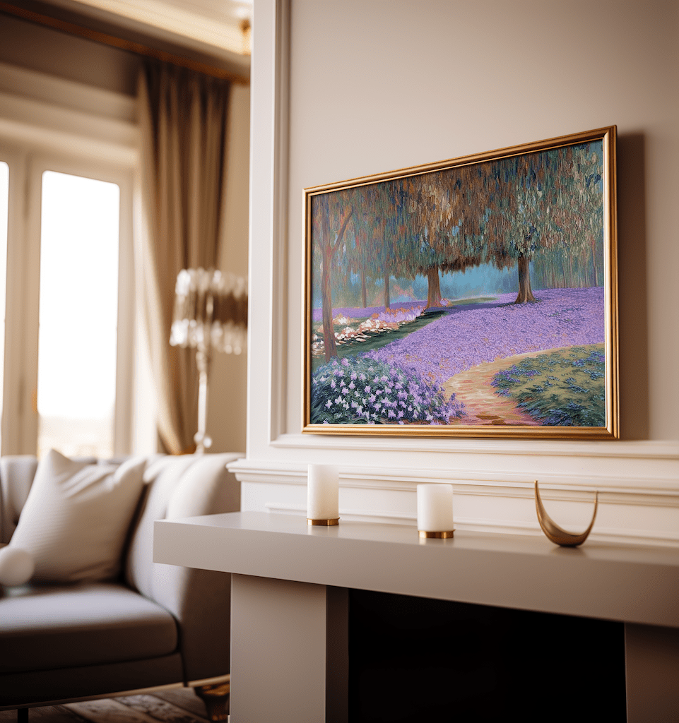 French countryside lavender framed canvas wall art print in vintage style, featuring impressionist brushstrokes and warm light over a fireplace in a modern living room.