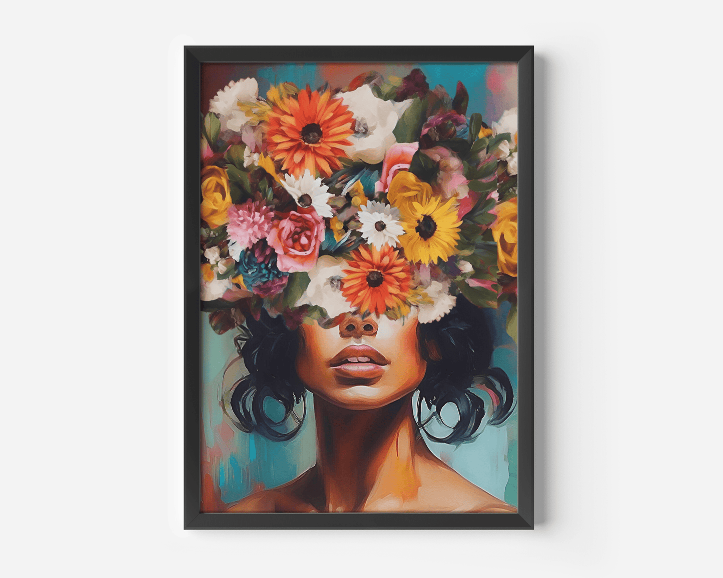 Funky Flower Head Girl Wall Art – Bold Colorful Portrait Print - Buy Wall Art