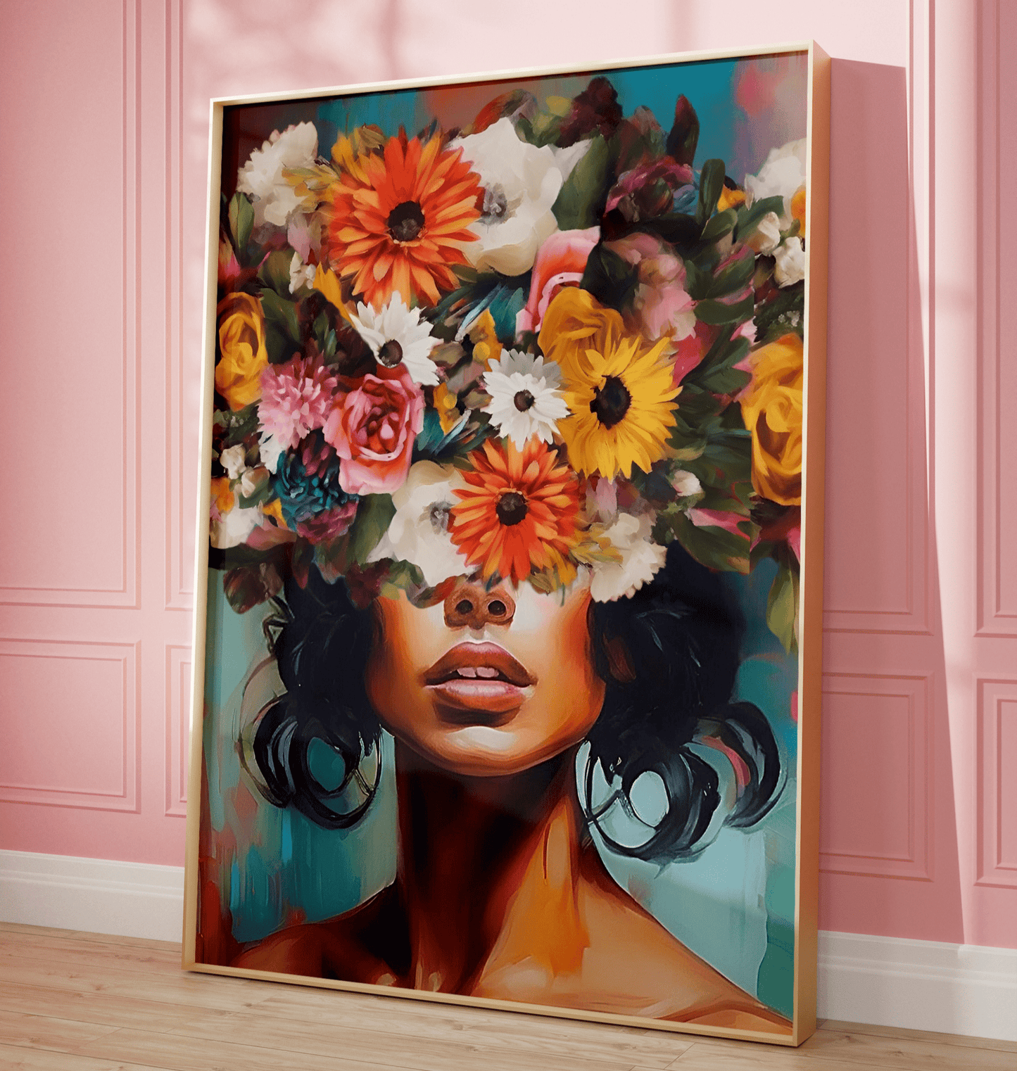 Funky Flower Head Girl Wall Art – Bold Colorful Portrait Print - Buy Wall Art