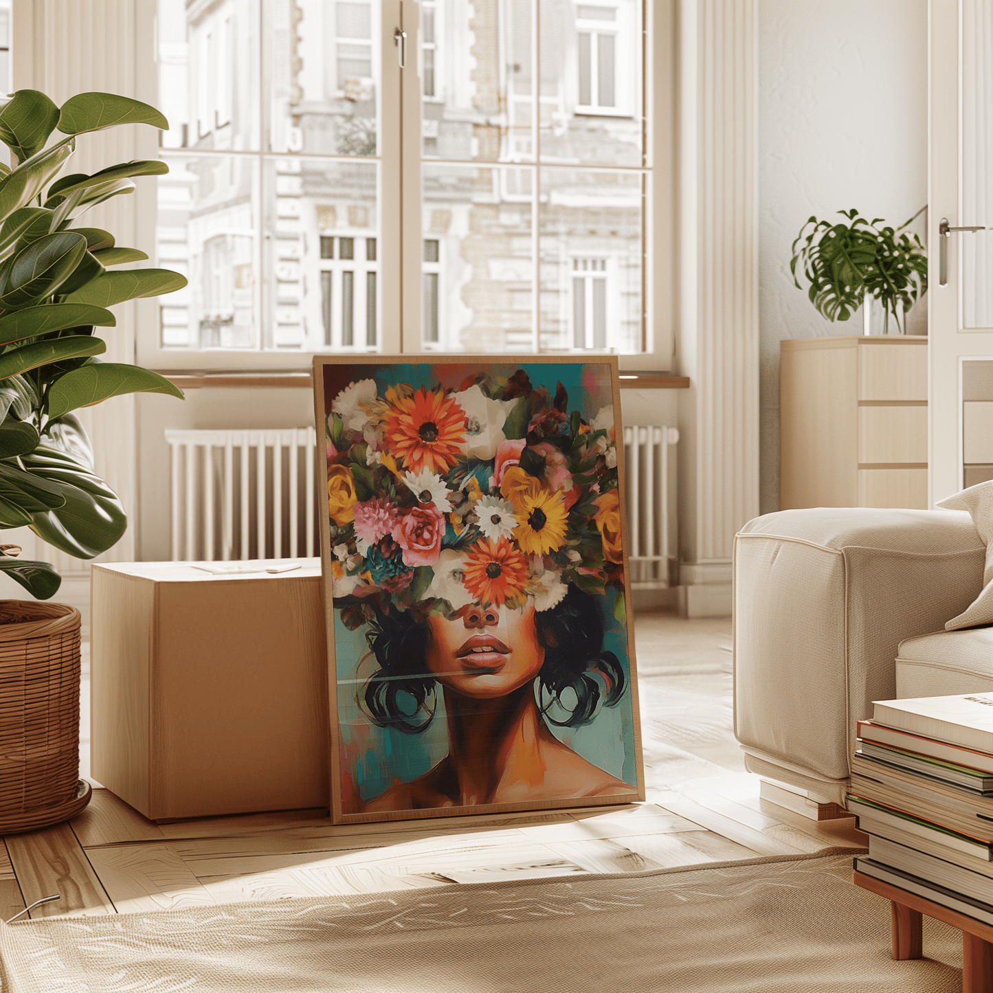 Funky Flower Head Girl Wall Art – Bold Colorful Portrait Print - Buy Wall Art