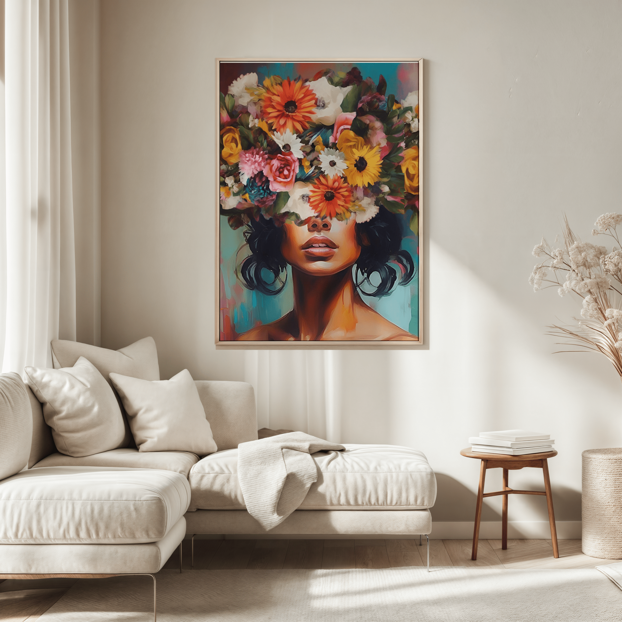 Funky Flower Head Girl Wall Art – Bold Colorful Portrait Print - Buy Wall Art