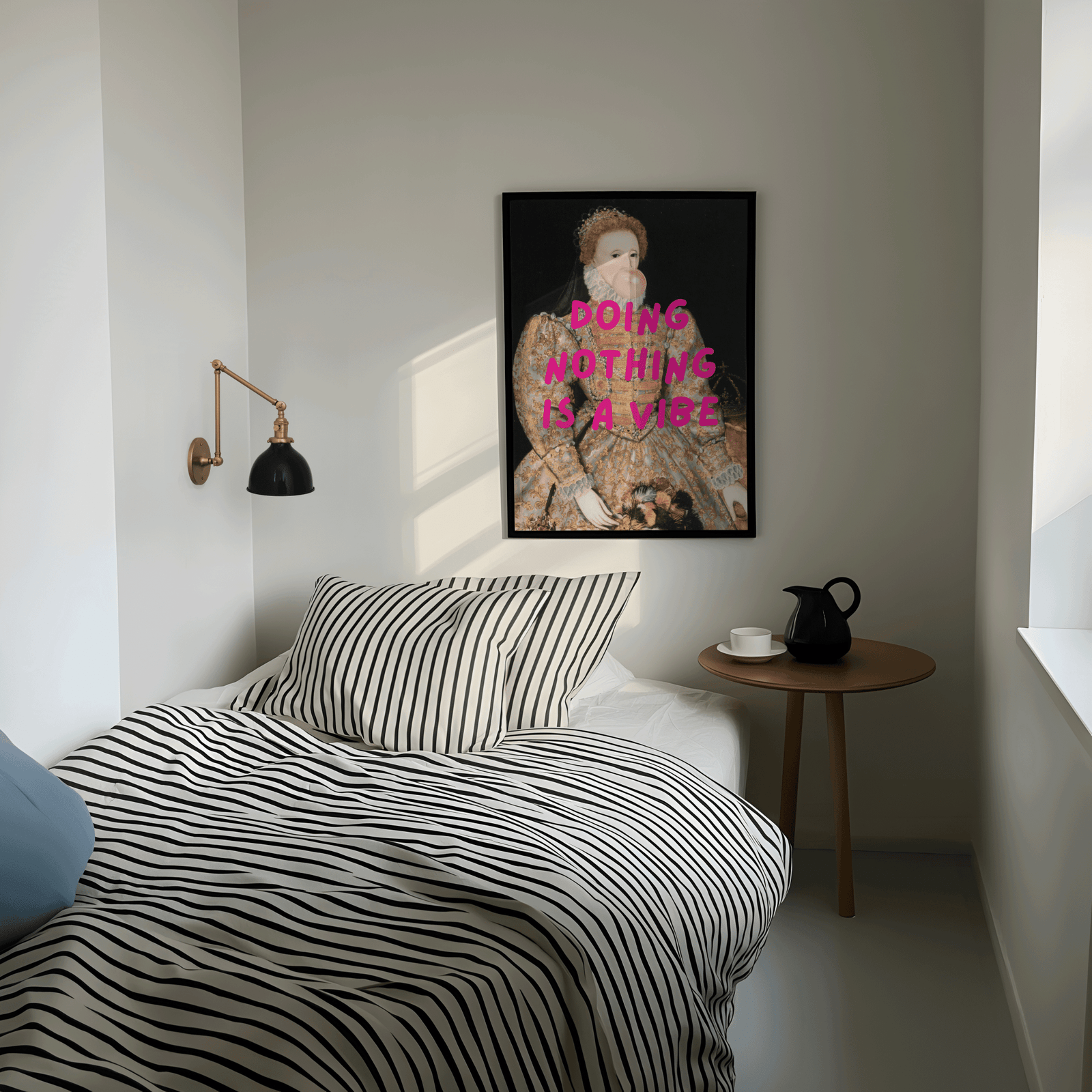 large cheeky framed vintage wall art in minimal bedroom with modern styling