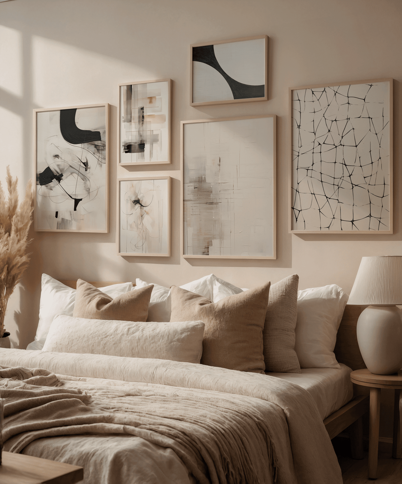 Neutral gallery wall art set framed above bed with beige pillows in boho vintage bedroom decor. Gallery wall art prints have a mix of grey, beige, creams, whites, black and brown framed in light wooden frames.