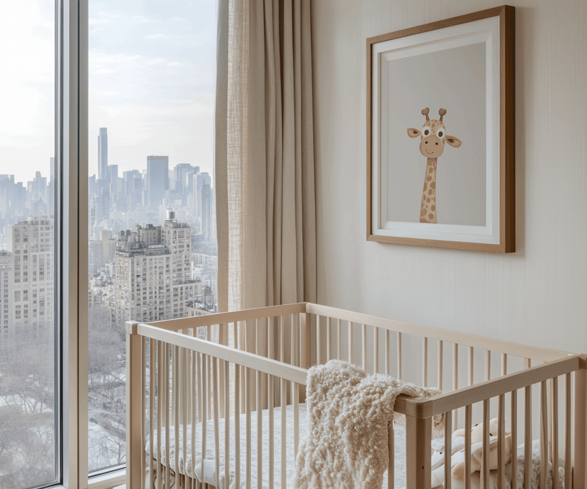 Framed giraffe baby room wall art in modern neutral nursery