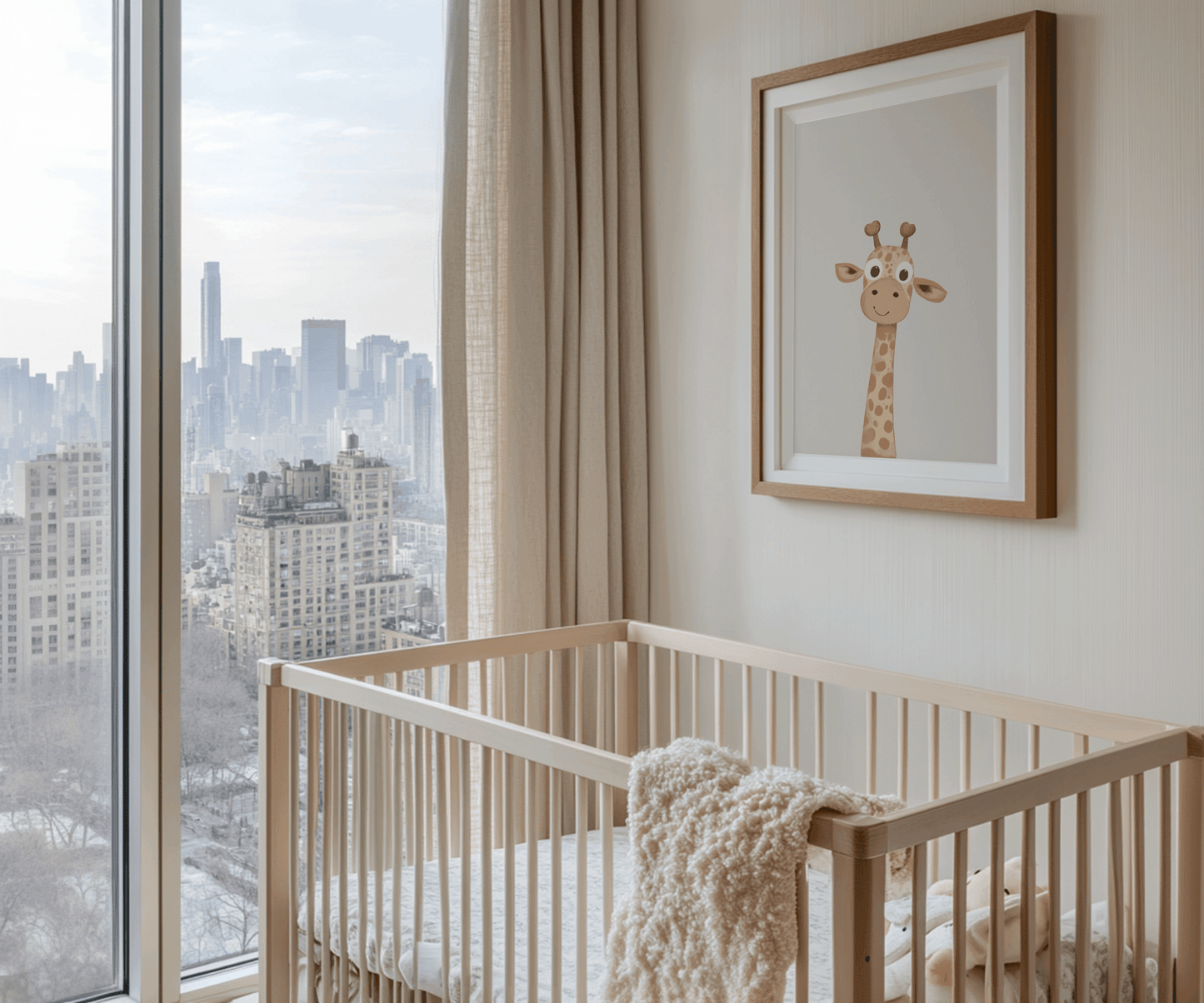 Framed giraffe baby room wall art in modern neutral nursery