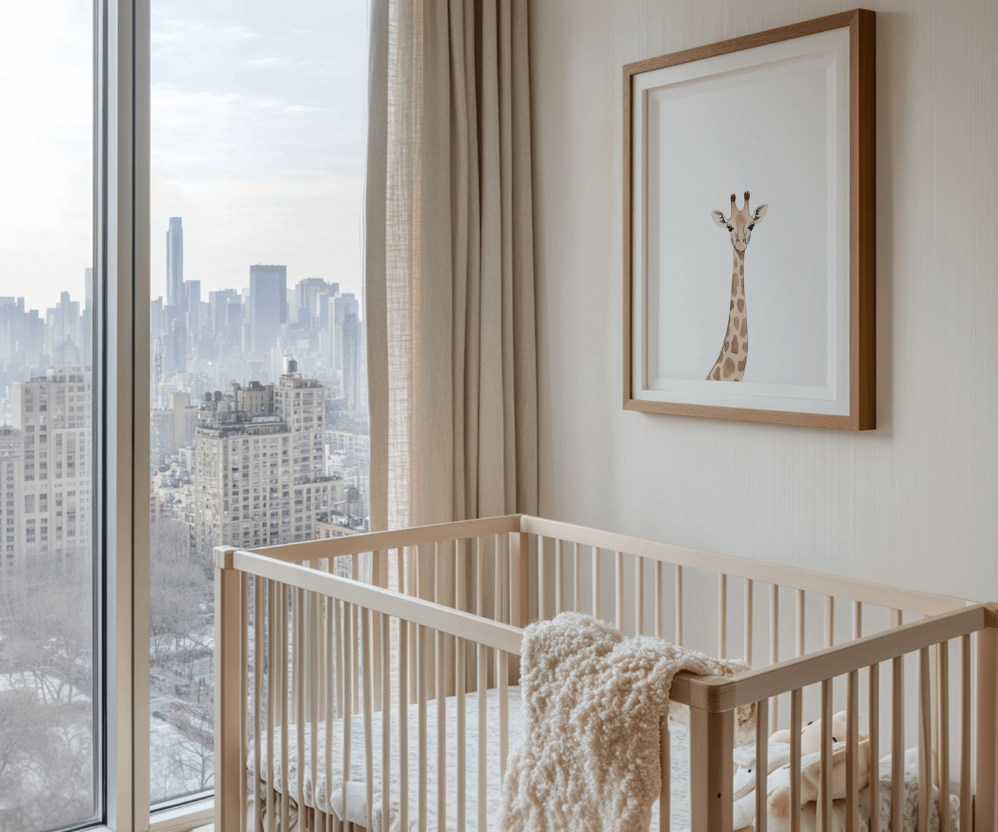 Giraffe nursery wall art above crib in modern neutral nursery