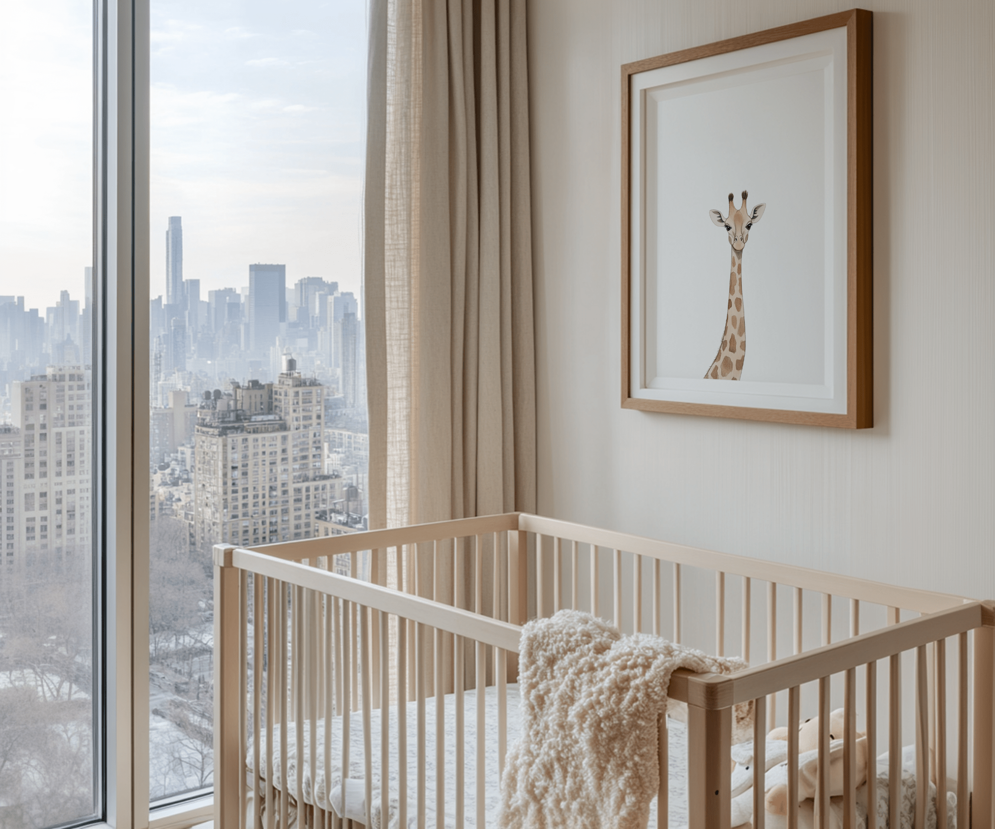 Giraffe nursery wall art above crib in modern neutral nursery