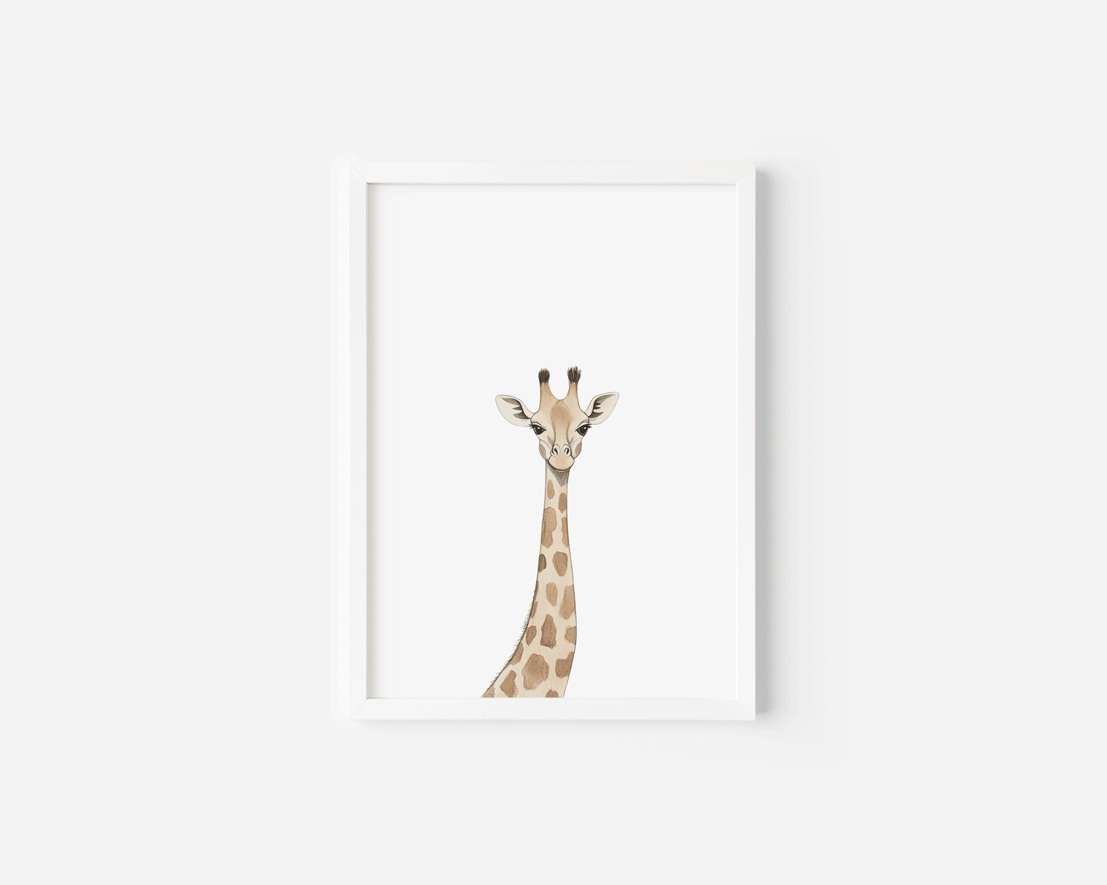 Vintage giraffe nursery wall art in white frame on minimalist background