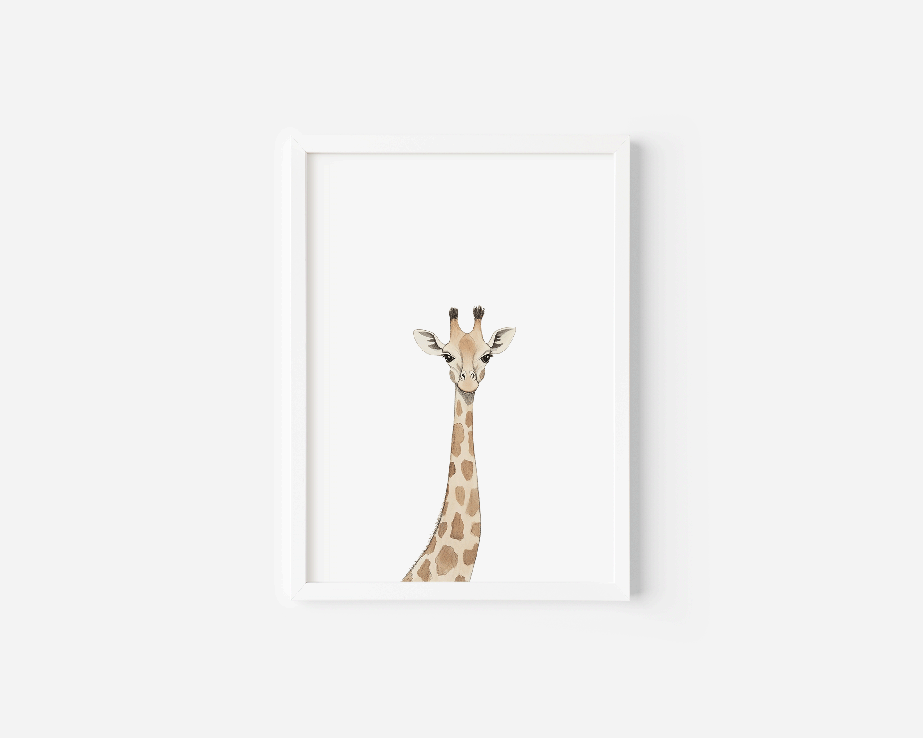 Vintage giraffe nursery wall art in white frame on minimalist background