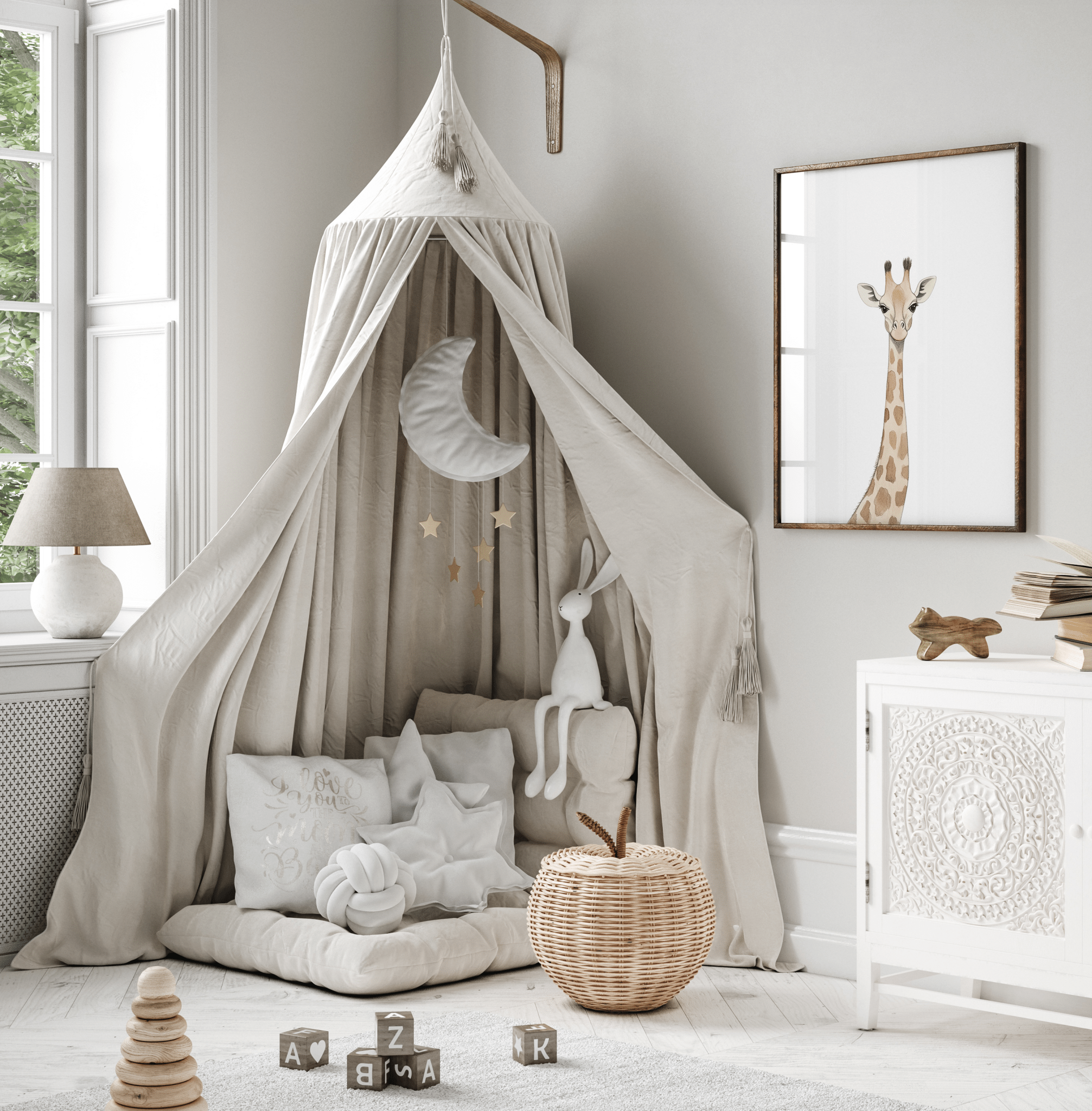 Woodland animal giraffe wall art framed in kids' playroom with a canopy and plush toys and basket on the floor
