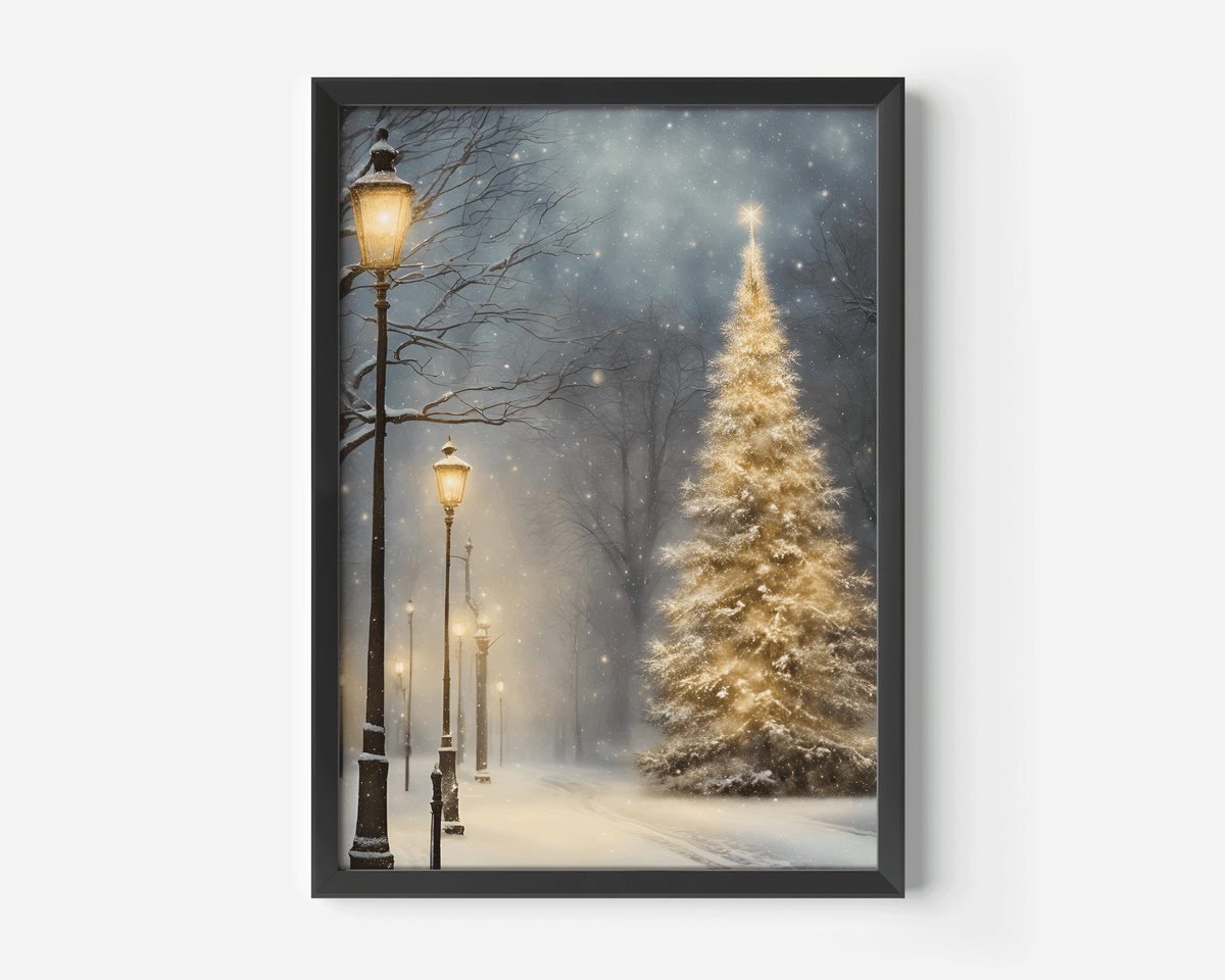 Golden Christmas tree print in a black frame, glowing under warm streetlights in a snowy park