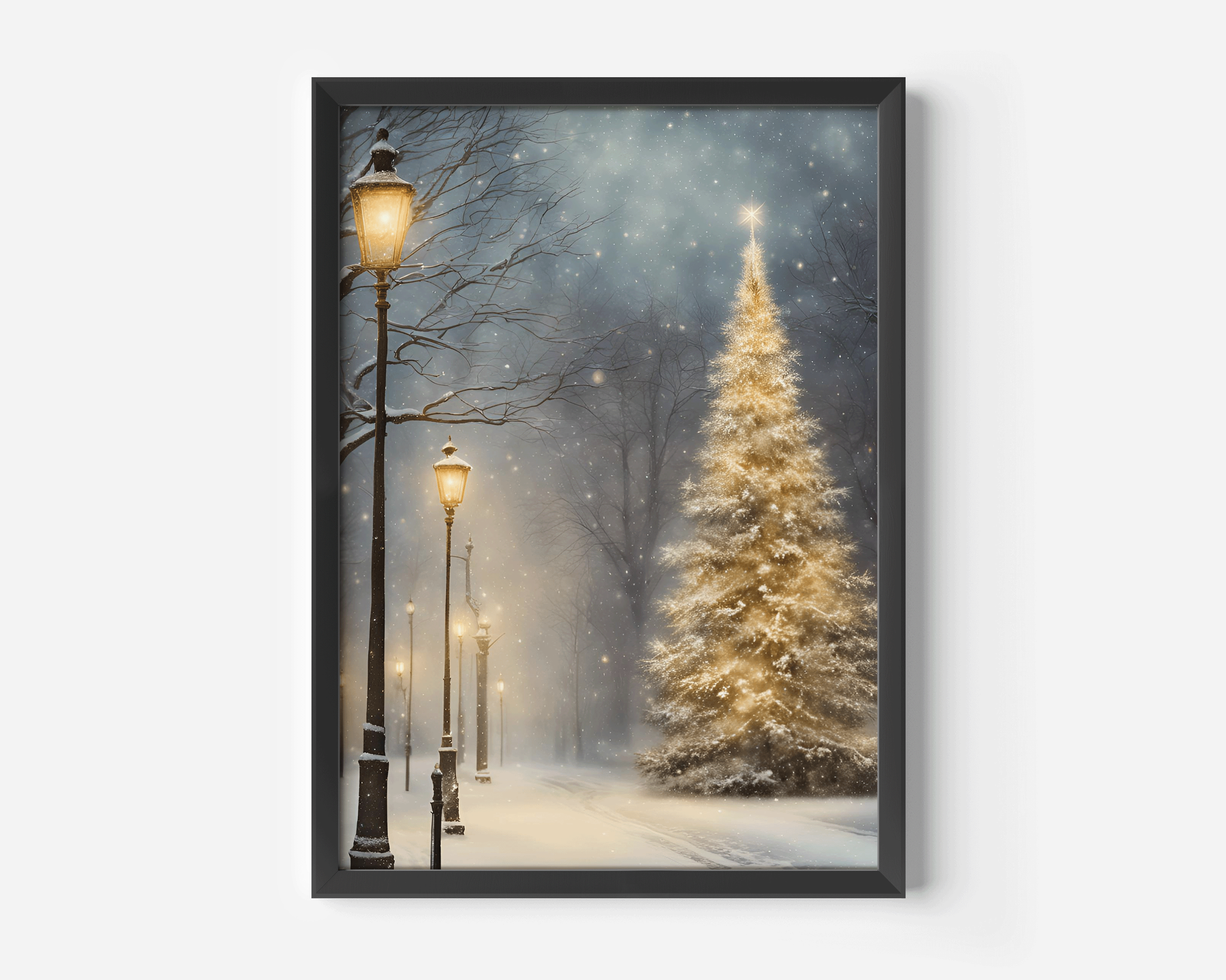 A black-framed canvas print of a golden Christmas tree illuminated by warm streetlights in a snowy park setting. Perfect for Ralph Lauren-inspired classic Christmas wall decor 