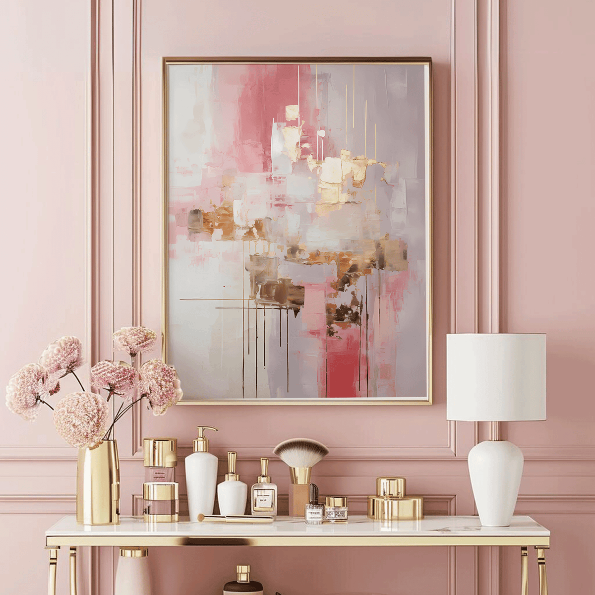Gold metallic, creamy white and pink abstract wall art with a gold frame on a pink wall above a makeup vanity with flowers in a vase. Beautiful, feminine contemporary abstract art perfect for any modern space.
