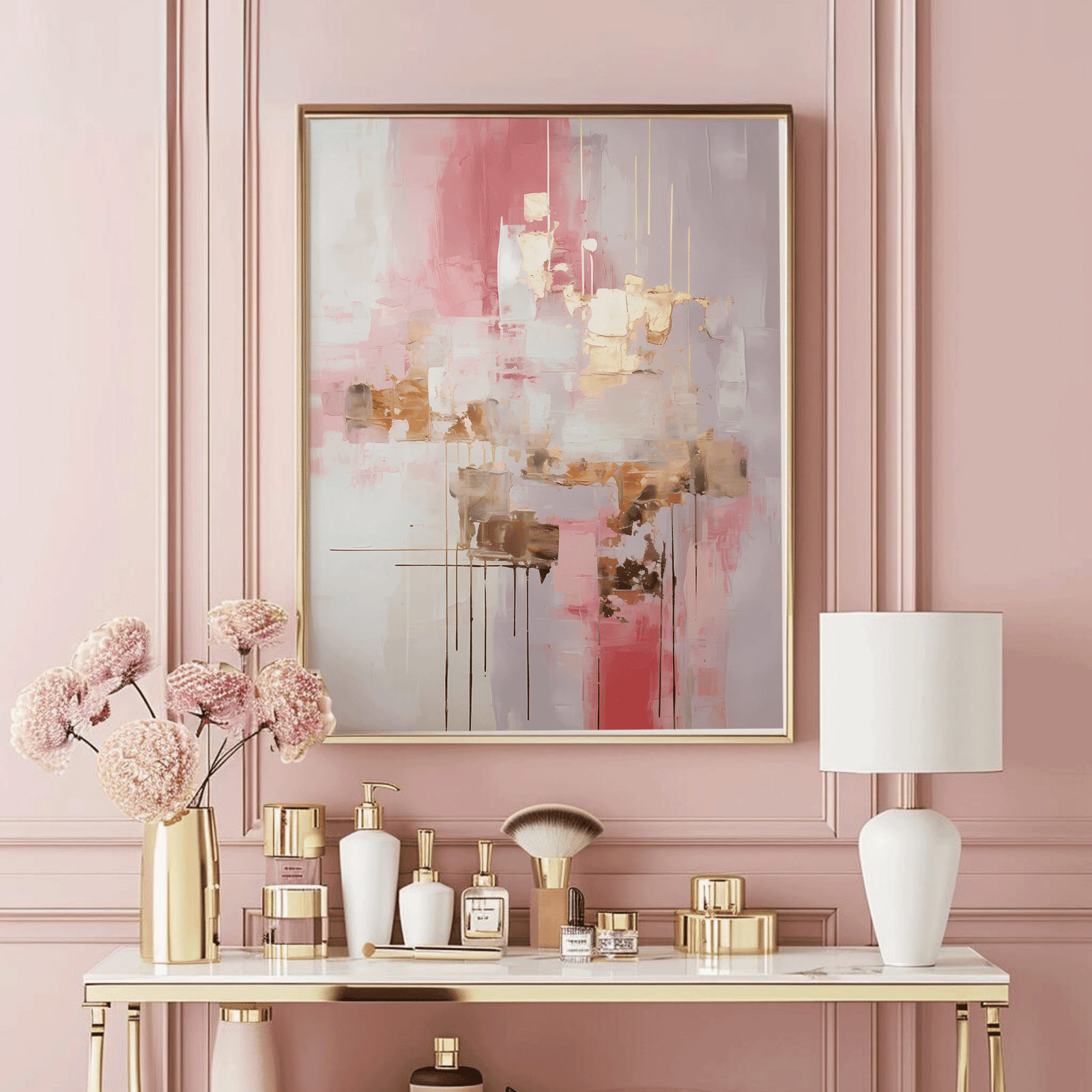 Gold metallic, creamy white and pink abstract wall art with a gold frame on a pink wall above a makeup vanity with flowers in a vase. Beautiful, feminine contemporary abstract art perfect for any modern space.