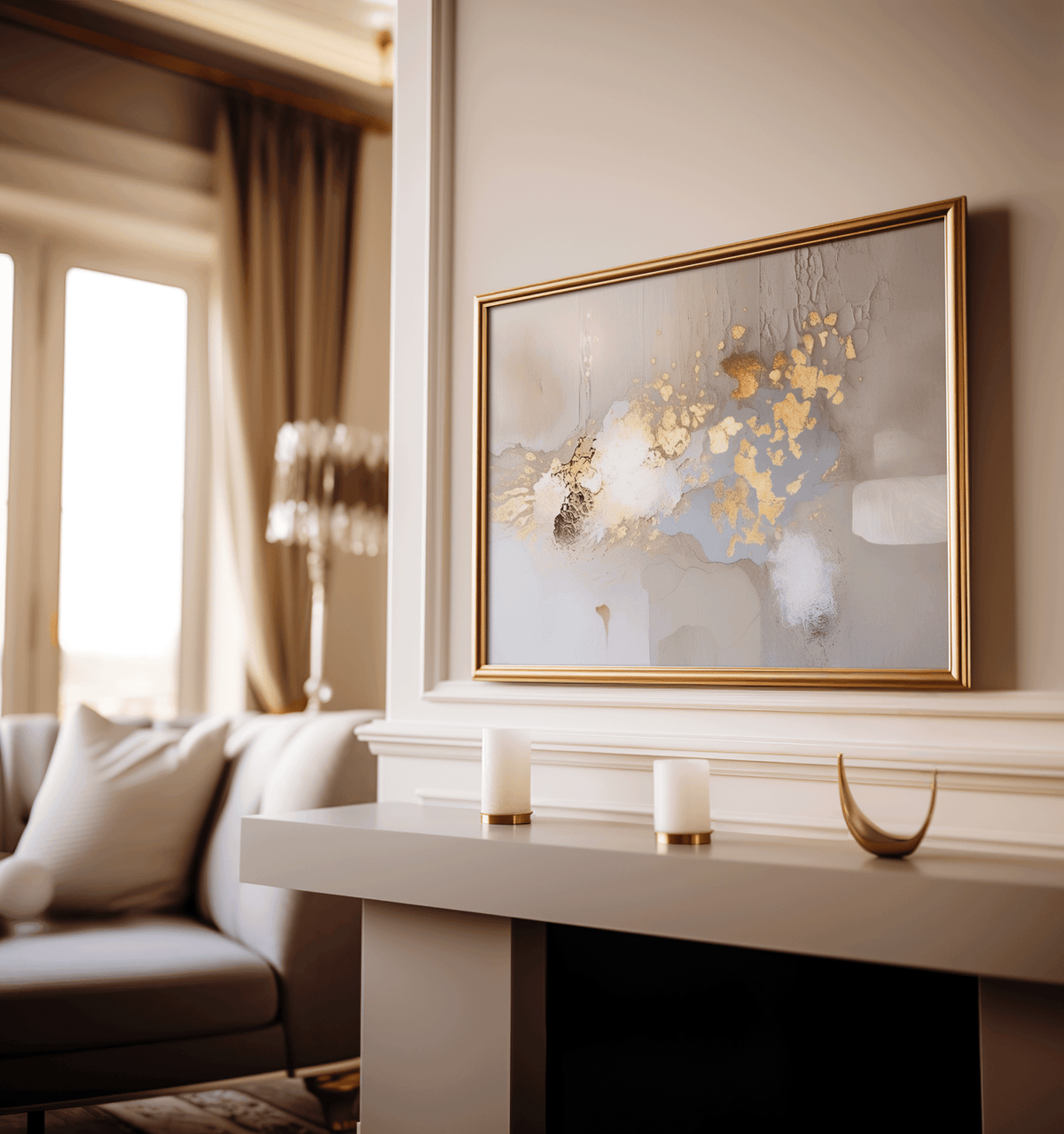 Modern neutral living room with beige, white and gold accents - framed abstract wall art on the wall above a fireplace