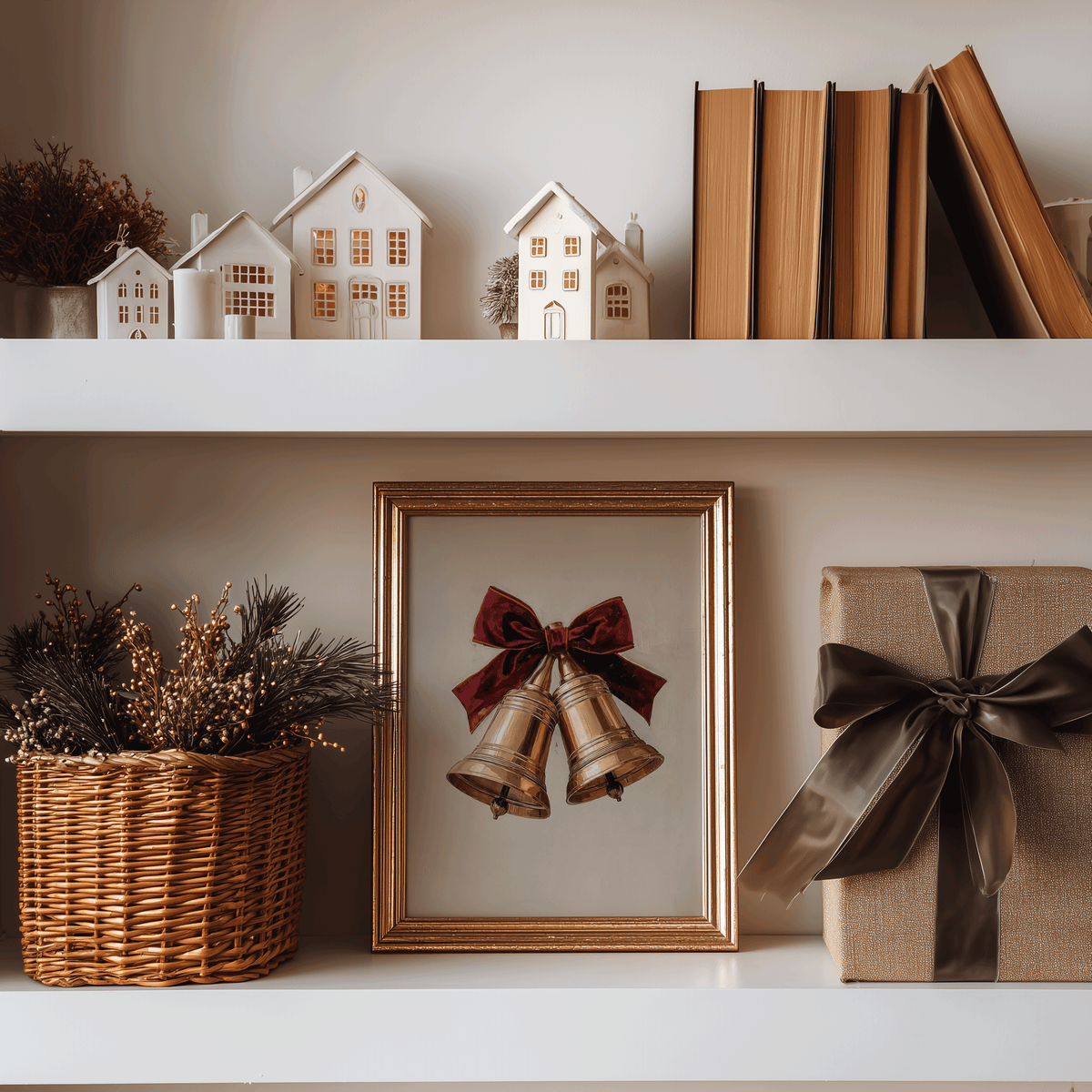 Gold bells Christmas print styled on a shelf with rustic books, a wicker basket and gift wrap
