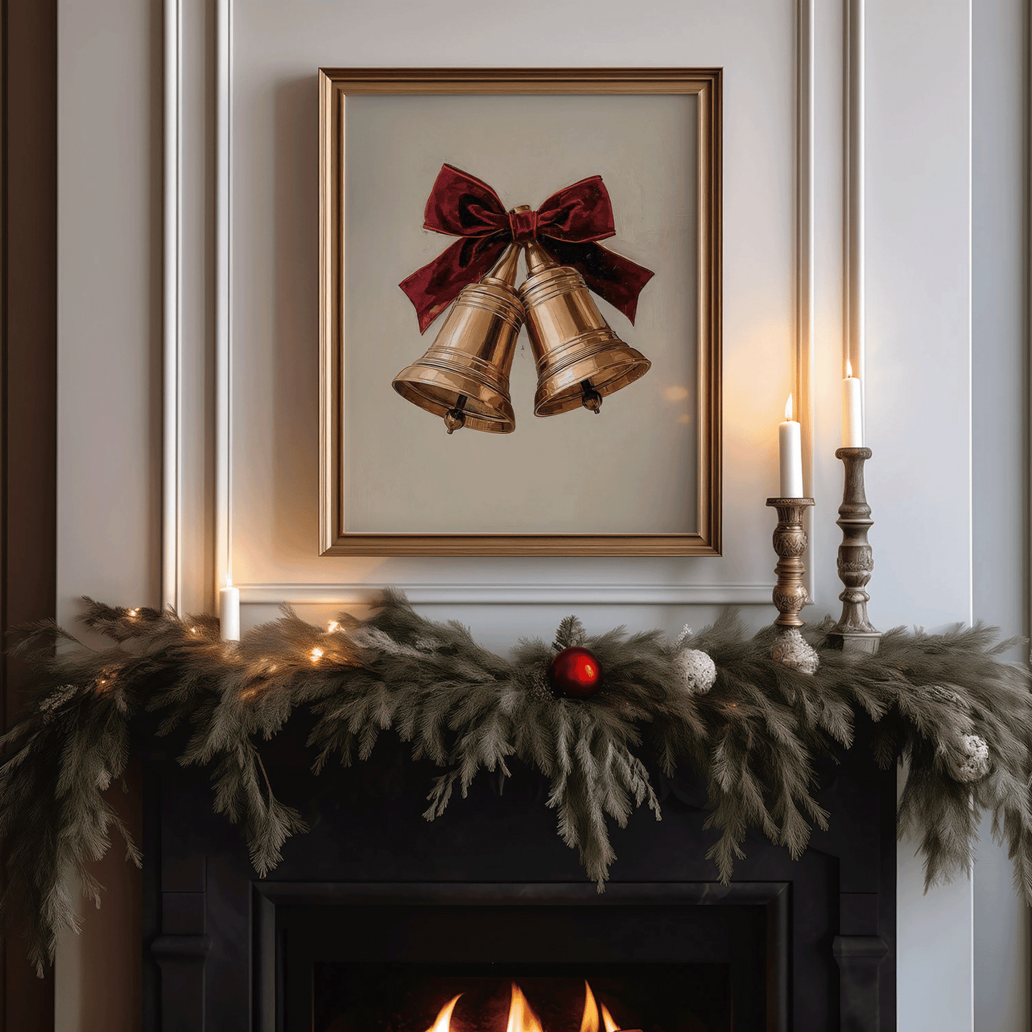 Vintage gold Christmas bells wall art with a dark red velvet bow, styled above a fireplace mantel with elegant candles and lush greenery, evoking a cozy, Ralph Lauren–style holiday interior.