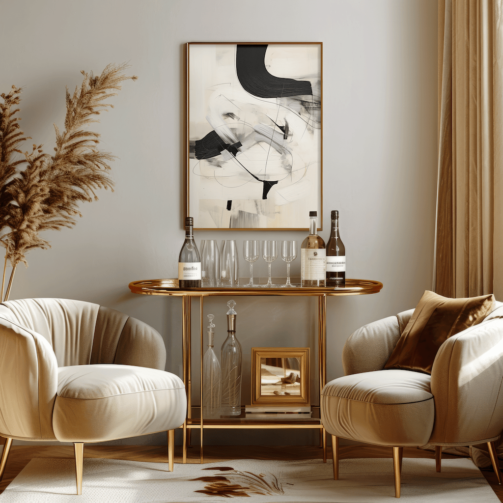 Vertical black and white abstract artwork in a slim gold frame styled above a home bar with glassware.