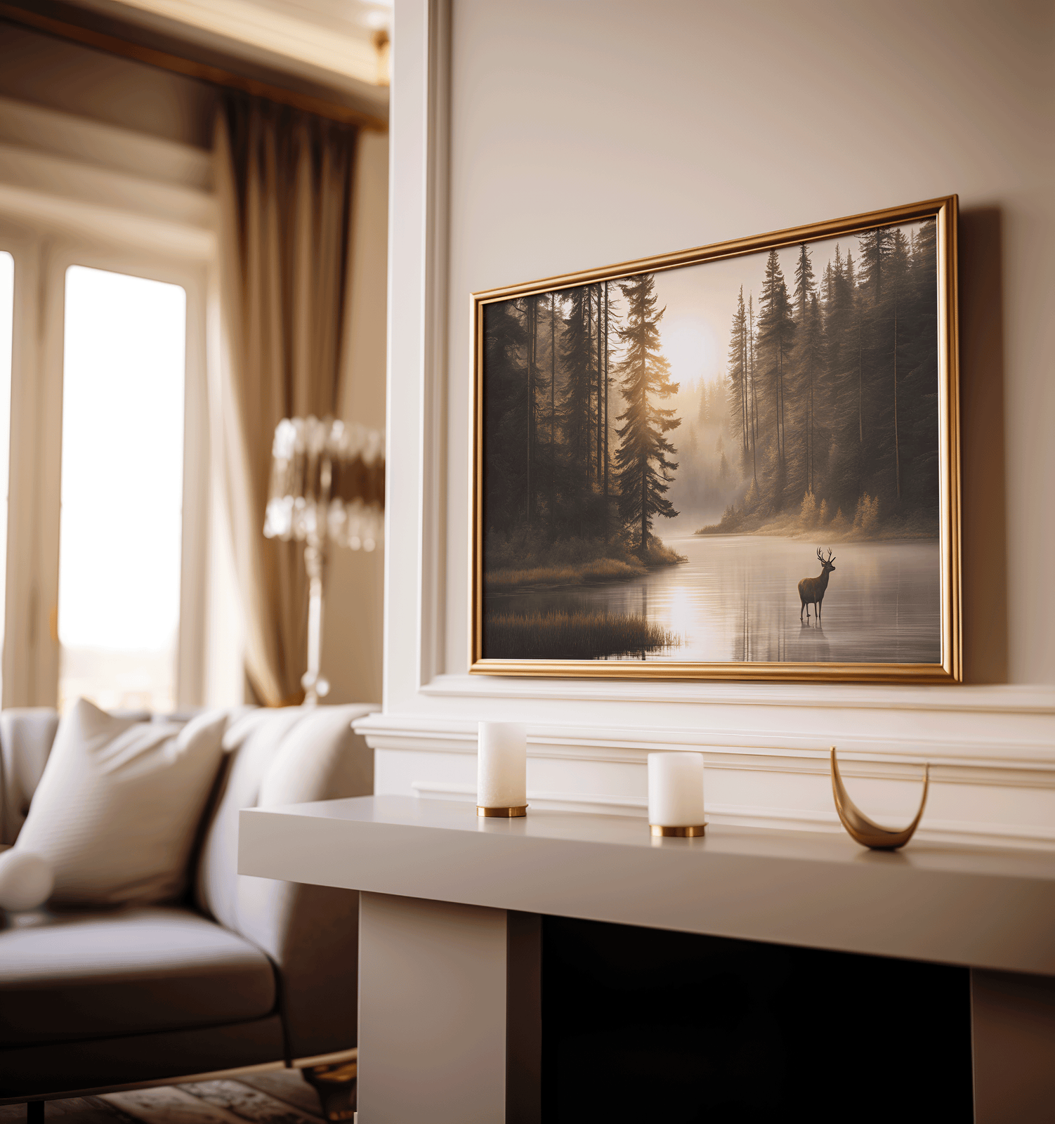 Framed deer forest landscape wall art with gold frame above a modern fireplace in a cozy living room.