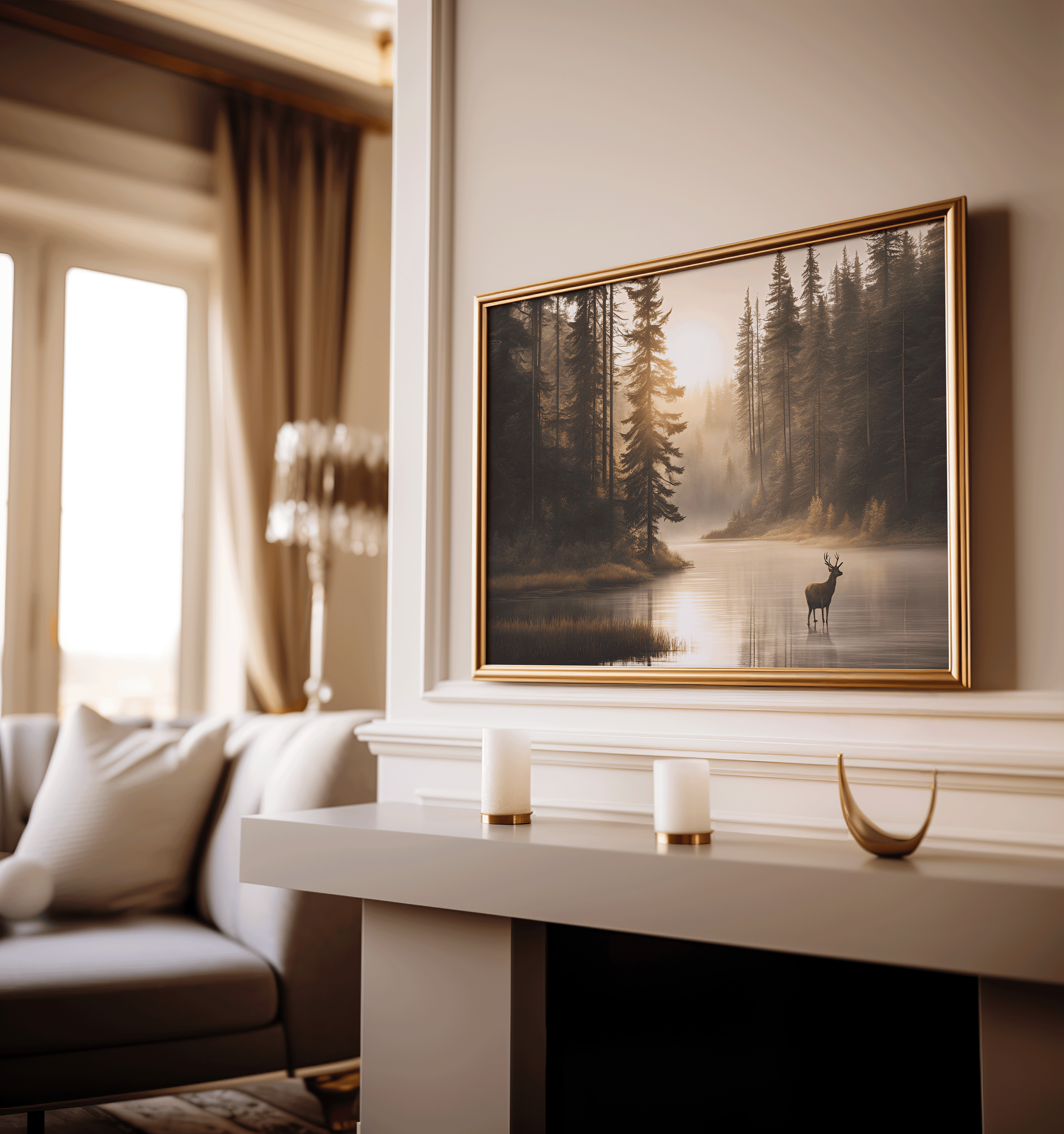 Framed deer forest landscape wall art with gold frame above a modern fireplace in a cozy living room.