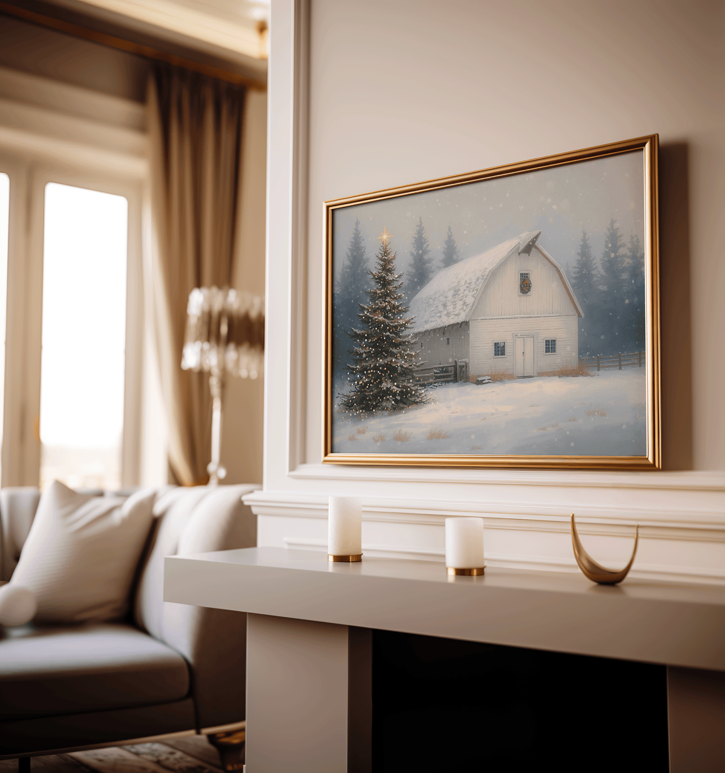 Bright hallway featuring vintage winter barn canvas with snowy farmhouse scene and evergreen tree lights; warm morning sunlight casting shadows, creating a peaceful nostalgic holiday atmosphere