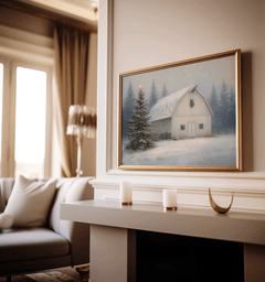 Bright hallway featuring vintage winter barn canvas with snowy farmhouse scene and evergreen tree lights; warm morning sunlight casting shadows, creating a peaceful nostalgic holiday atmosphere