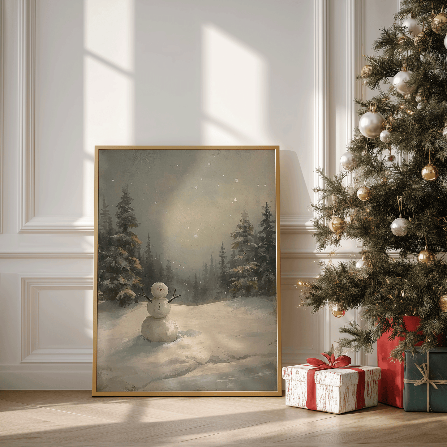 Gold-framed snowman painting leaning near decorated Christmas tree with wrapped gifts and warm sunlit wall