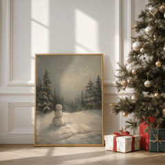 Gold-framed vintage snowman print leaning beside a decorated Christmas tree with wrapped gifts